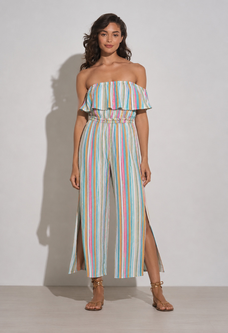 Chrysanthemum Linen Blend Strapless Stripe Romper L Side Slit Resort Multicolor